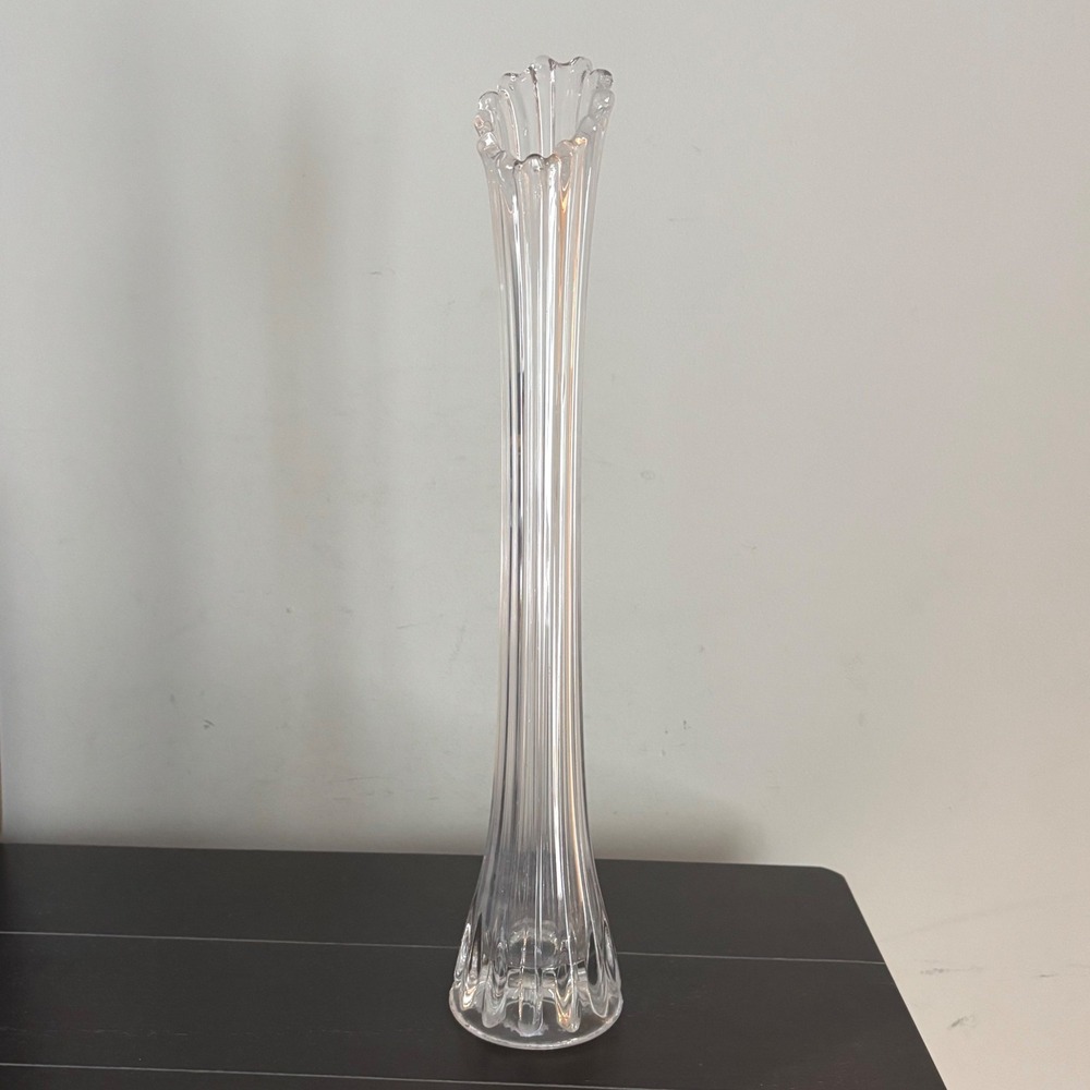 Vintage Tall Clear Ribbed Swung Glass Bud Vase Scalloped Rim 17.5 Inch MCM